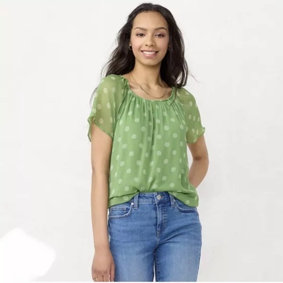 LC Lauren Conrad Flowy Shirred Green Blouse - Picture 1 of 6
